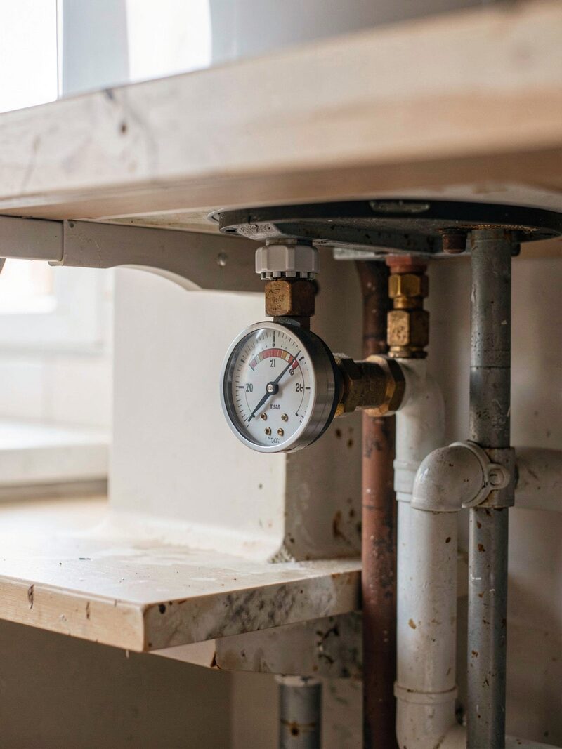 A combi boiler pressure dial under a kitchen worktop, needle sitting just below one bar, condensation pipe beside it