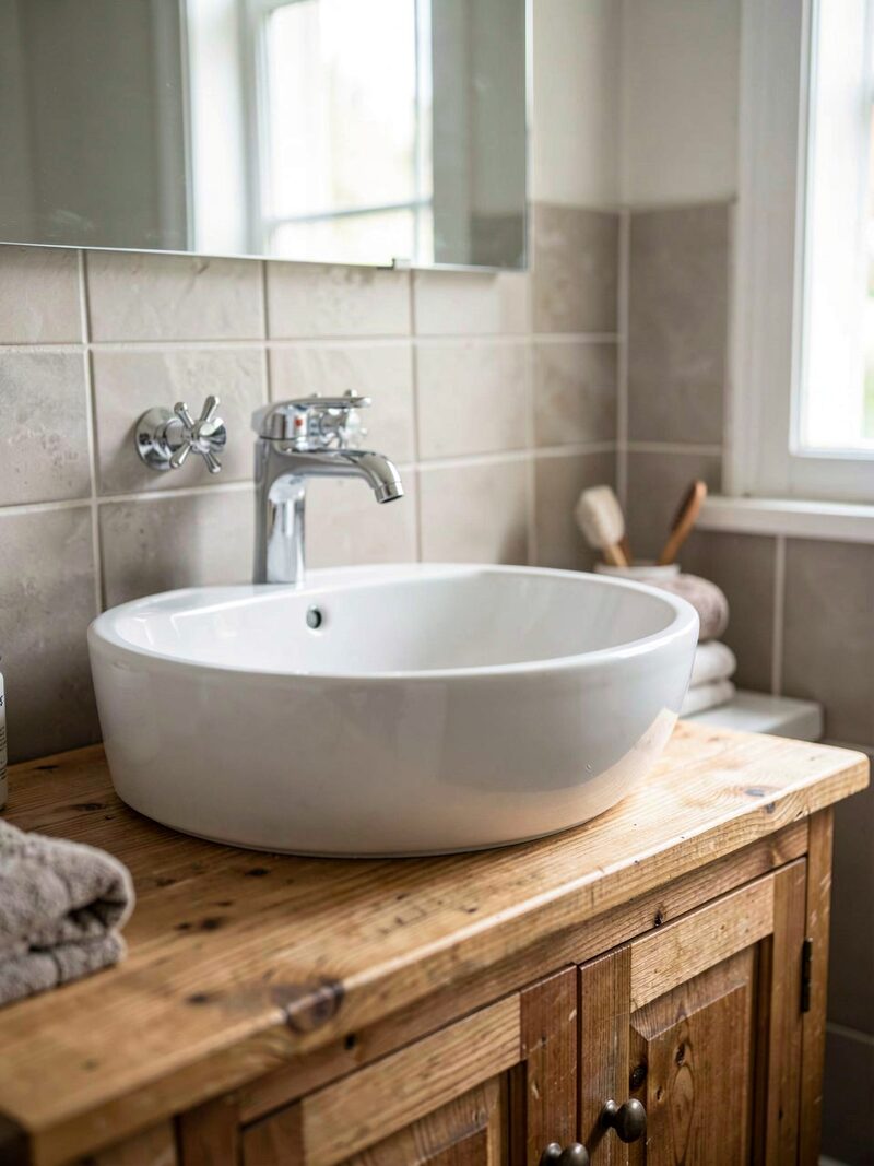 A white ceramic basin on a wooden vanity unit in a daylight bathroom, a mixer tap above it, tiles behind