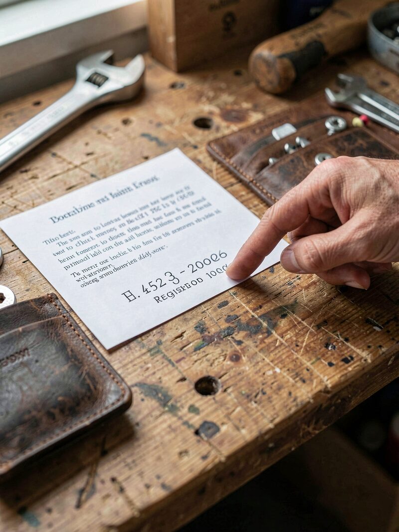 A workbench with an ID card, a paper quote and a wallet of tools, a hand pointing at the registration number printed on the card