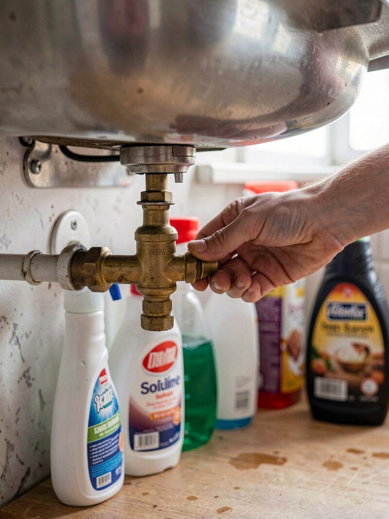 A brass stop tap under a kitchen sink, a hand reaching in past cleaning bottles to turn the handle