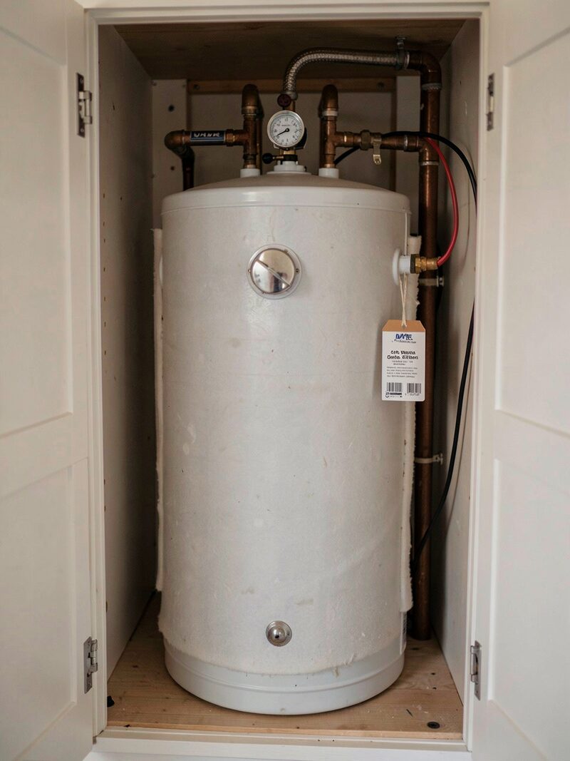 A hot water cylinder in an airing cupboard with its immersion heater and insulated jacket, a service label tied to the pipework