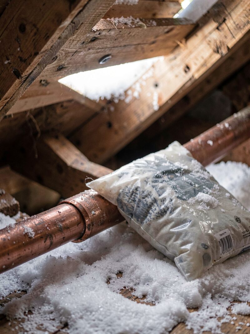 An insulated copper pipe running through a frosty loft hatch, an open hot water bottle resting against the pipe