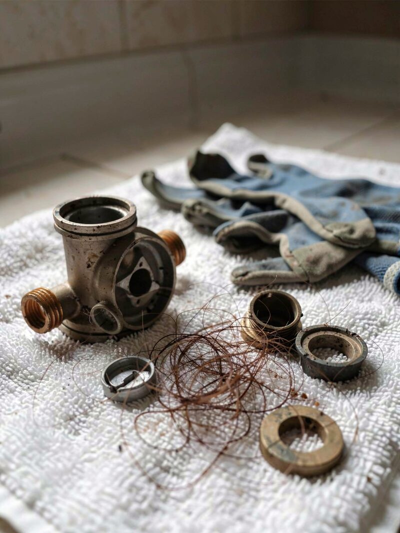 A shower waste trap taken apart, its parts and a tangle of hair laid out on a towel beside a pair of gloves