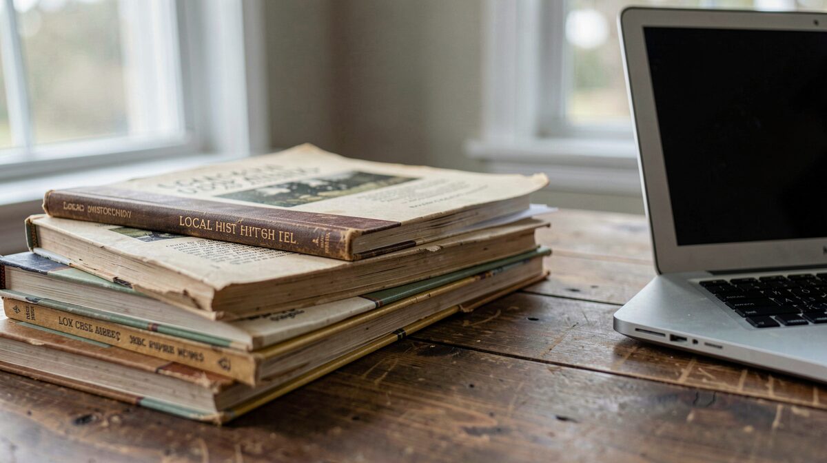 A stack of local history archives on a wooden table beside a laptop, soft daylight from a nearby window, close-up framing.
