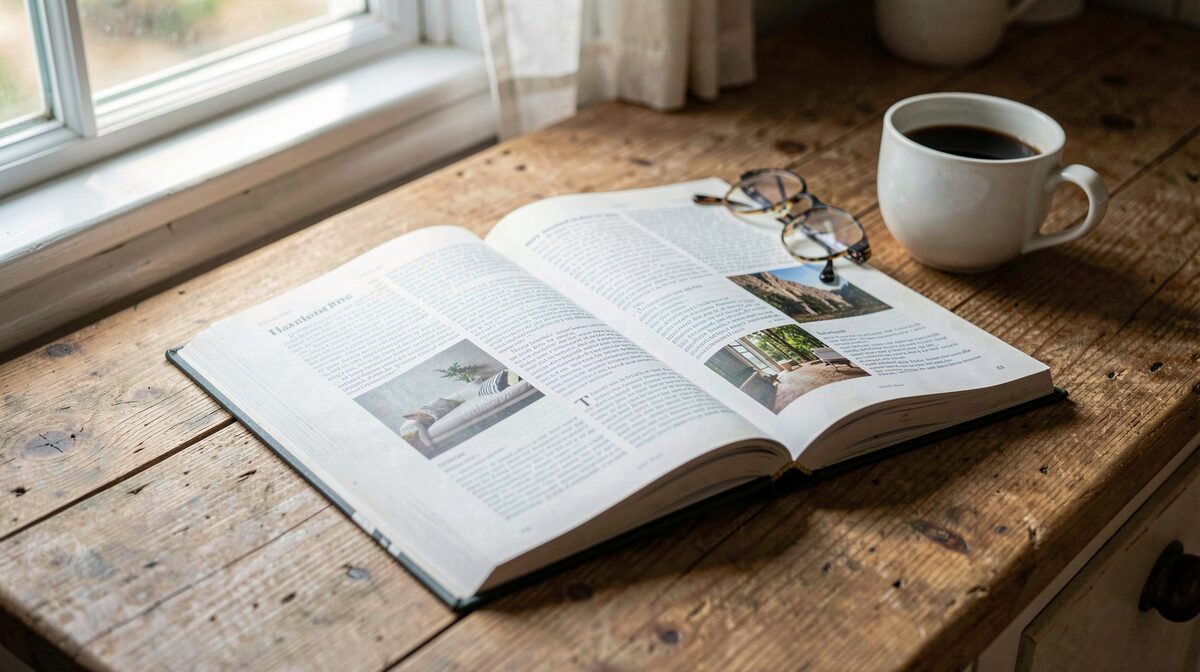 An open magazine on a wooden table beside reading glasses, morning light from a nearby window, tight overhead framing.