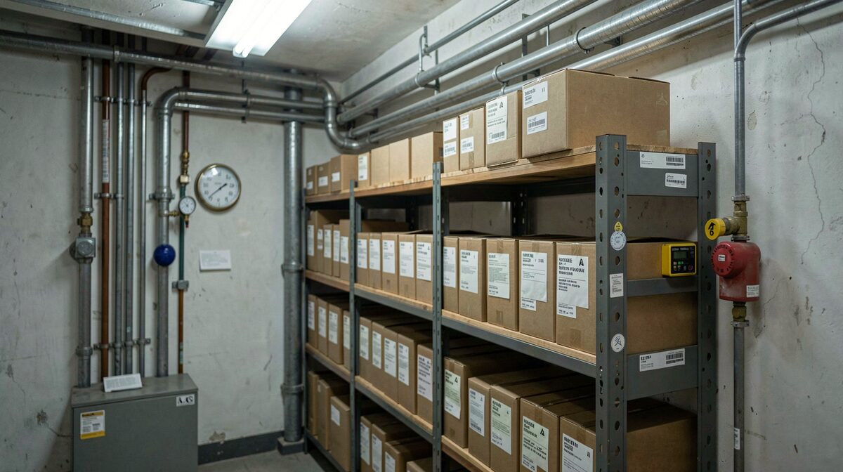 A museum storeroom with shelved archive boxes beside a wall of exposed pipework and a pressure gauge, lit by cool overhead fluorescent light, shot straight on.