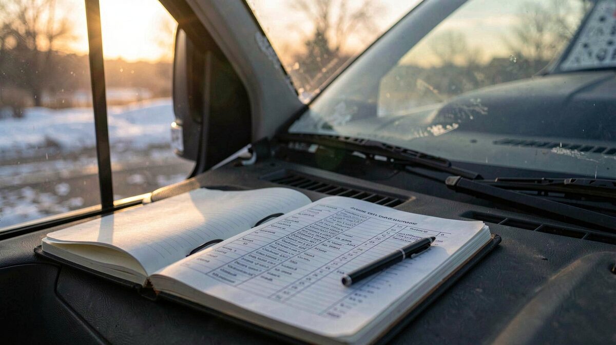 A work van at dawn with an open notebook and a printed checklist on the dashboard, low winter light, close framing