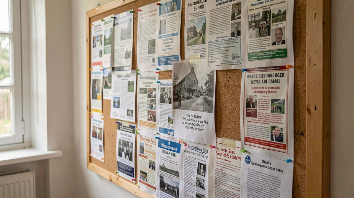 A village hall noticeboard holding printed commemoration flyers and a taped photograph, photographed in soft morning light from a nearby window, straight-on framing.