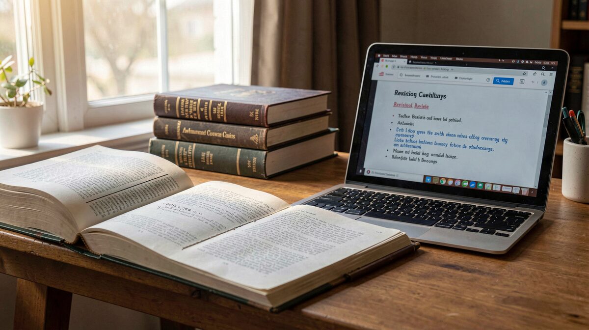A study desk with an open translated text, library commentaries stacked nearby, and a laptop showing dated revision notes, lit by afternoon window light, framed as a still life.