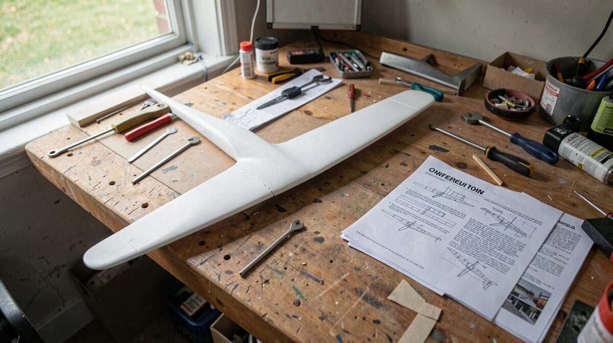 A magazine-style flat lay of a radio-controlled model glider wing on a workbench beside tools and printed notes, lit by soft daylight from a garage window, shot from above.