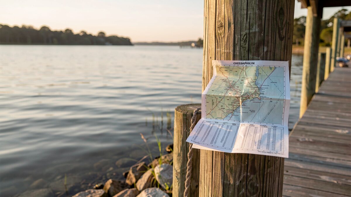 A calm Chesapeake Bay shoreline at early morning, a folded nautical chart and a tide table on a wooden dock post, soft golden light, wide shot.