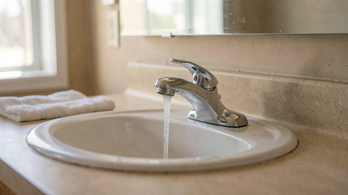 A motel room bathroom sink photographed in morning daylight, with the tap running and the camera framed close on the faucet and countertop.