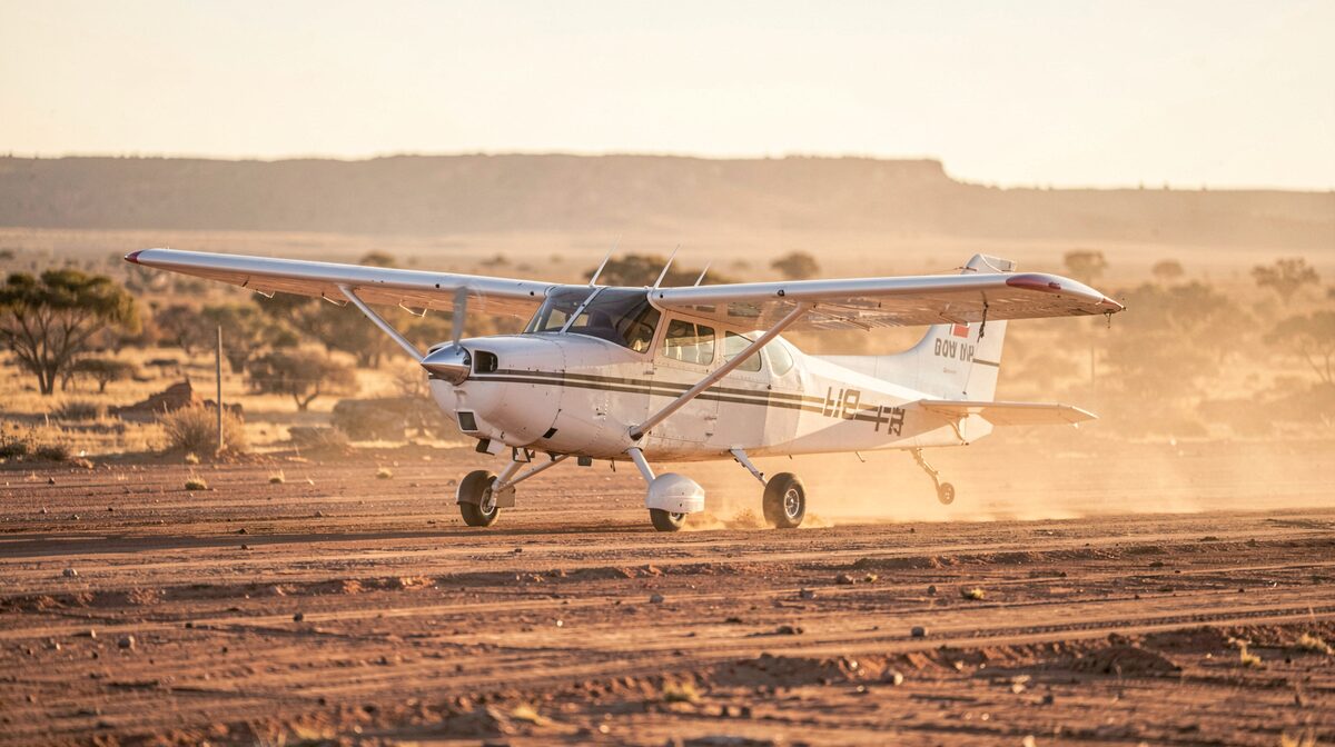 A small propeller aircraft on a dusty outback airstrip at golden hour, photographed from a low side angle with the open plain stretching behind it.