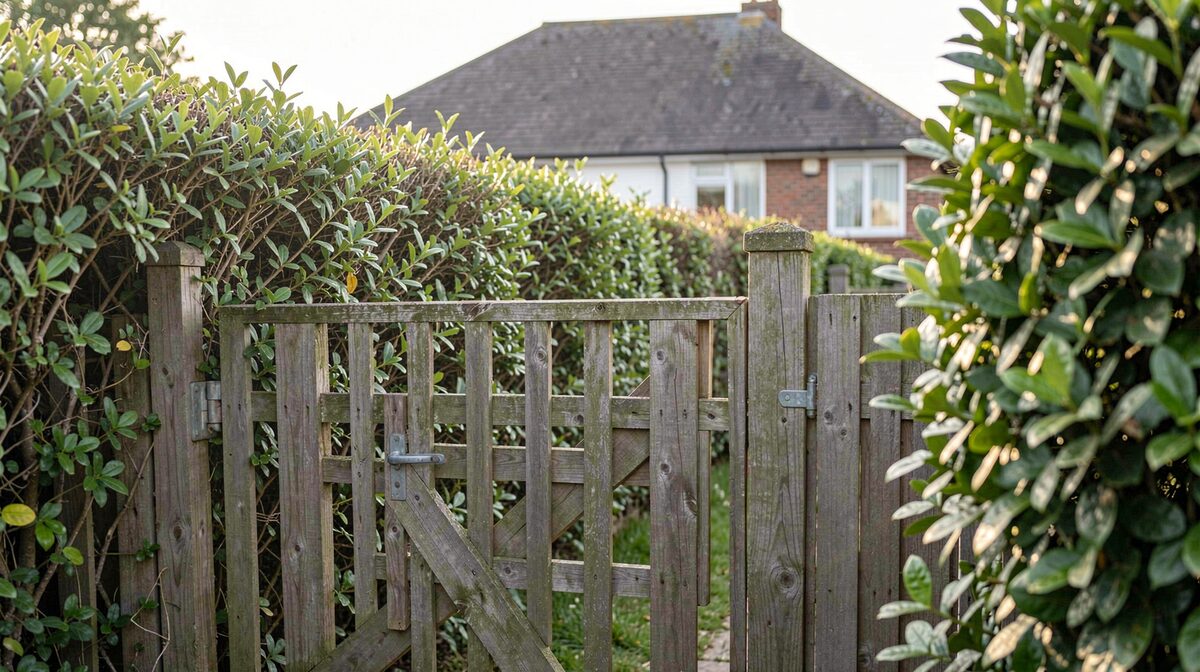 A suburban British garden boundary with a close-board fence and a hedge, morning light, close framing on a gate post and neighbouring roofline